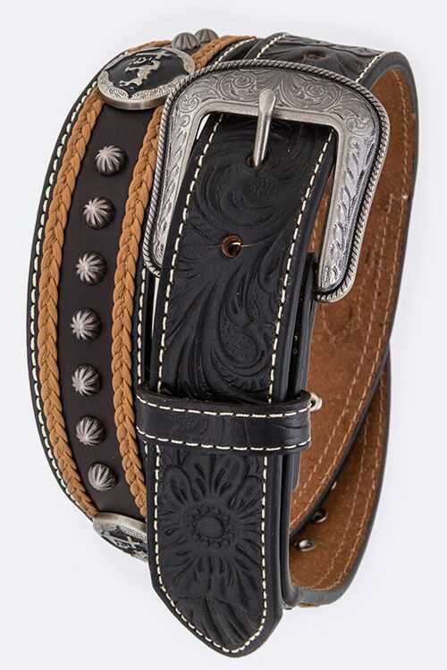 Studded Embossed Western Leather Belt