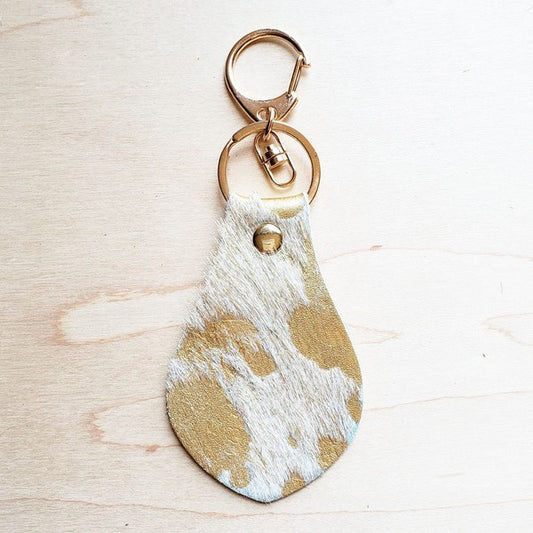 Hair on Hide Leather Key Chain - Cream and Gold