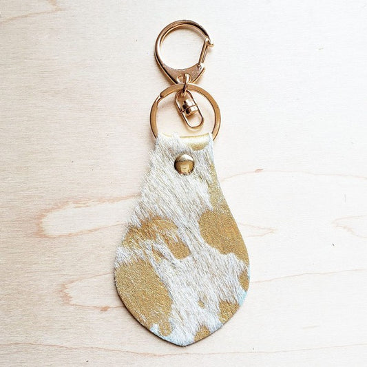 Hair on Hide Leather Key Chain - Cream and Gold