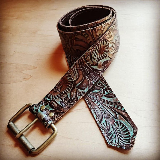 Turquoise Brown Floral Leather Belt