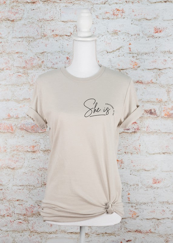 She Is, Proverbs 31:25 Graphic Tee - Plus Size