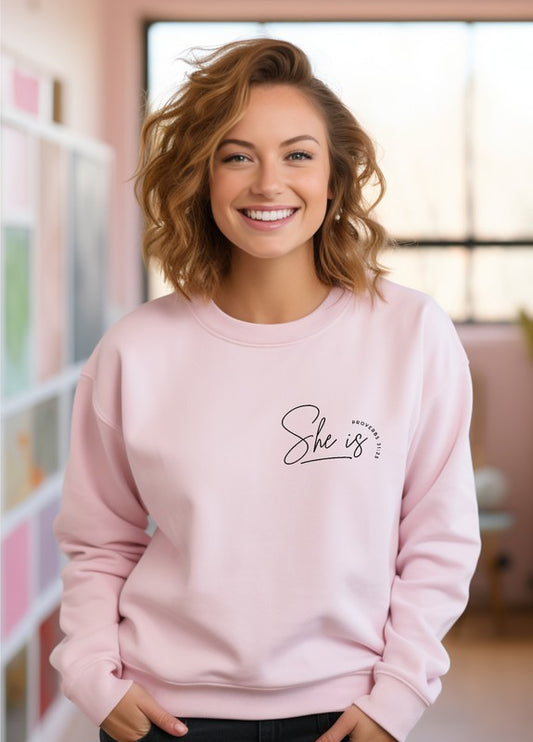 She Is, Proverbs 31:25 Sweatshirt - Plus Size
