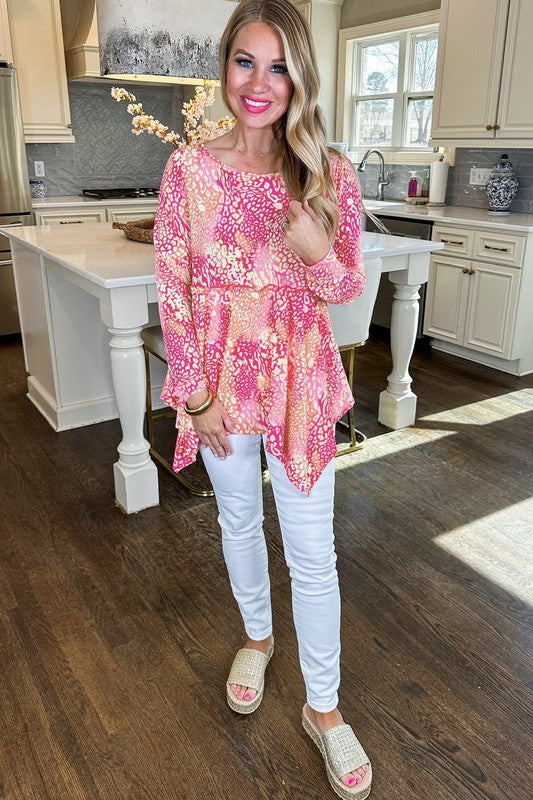 Pink Leopard Print Handkerchief Hem Tunic