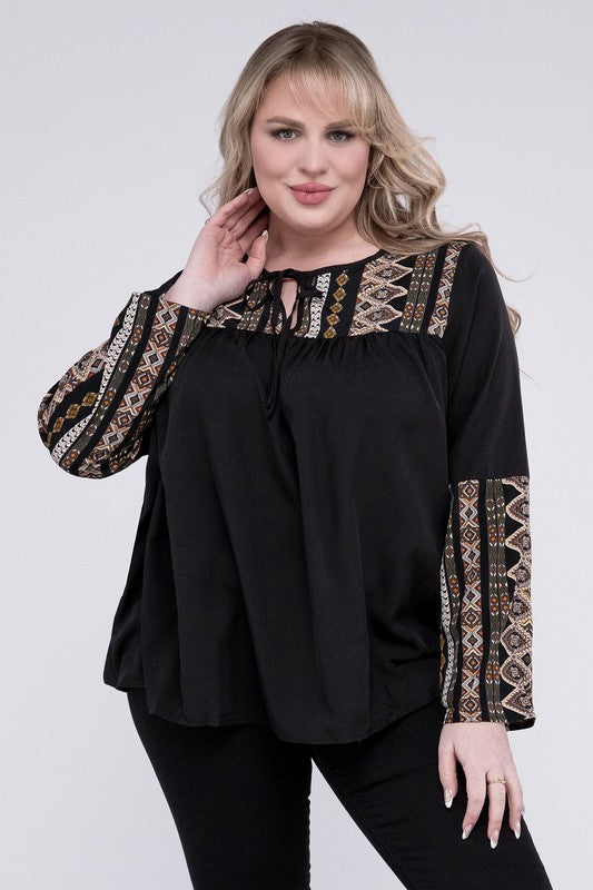 The Vida Tie Neck Patchwork Blouse - Plus Size