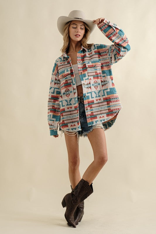 Frayed Hem Aztec Shacket