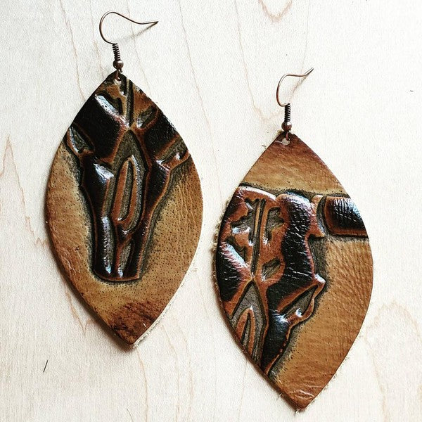 Leather Oval Earrings Tan Steer Head