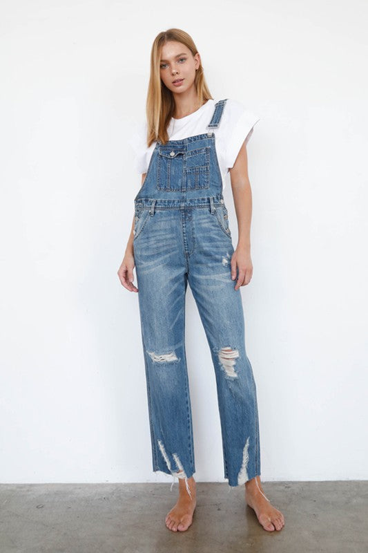 High Waist Distressed Overalls