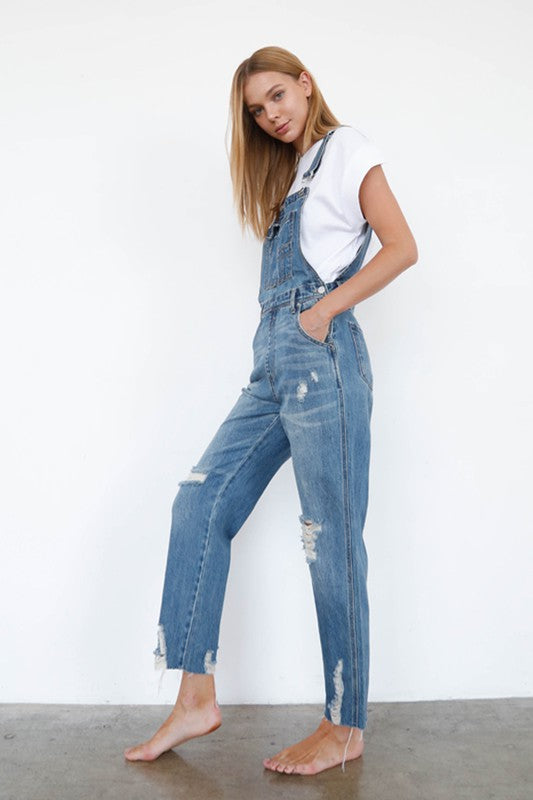 High Waist Distressed Overalls