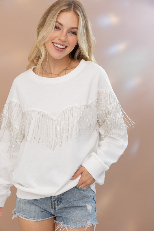 The Kelly Rhinestone Fringe Pullover Top