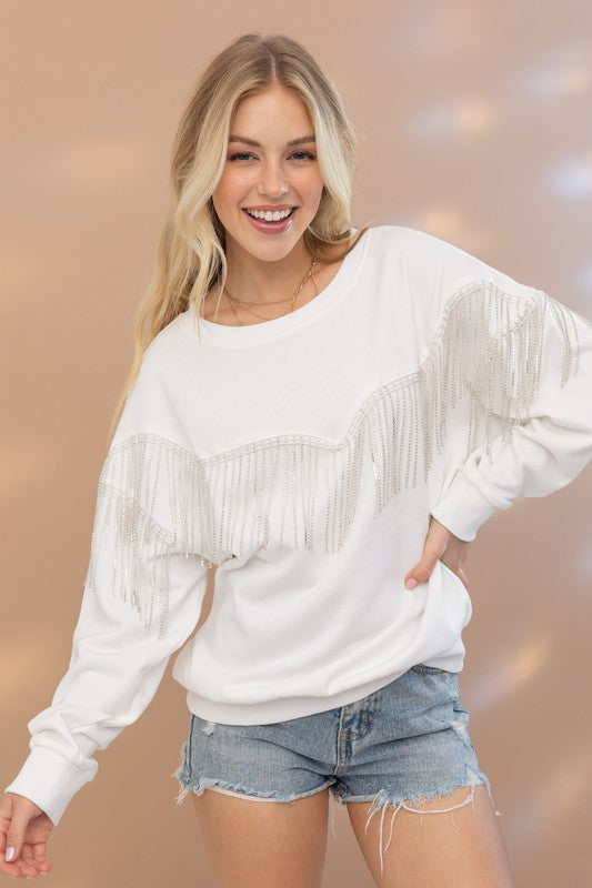 The Kelly Rhinestone Fringe Pullover Top