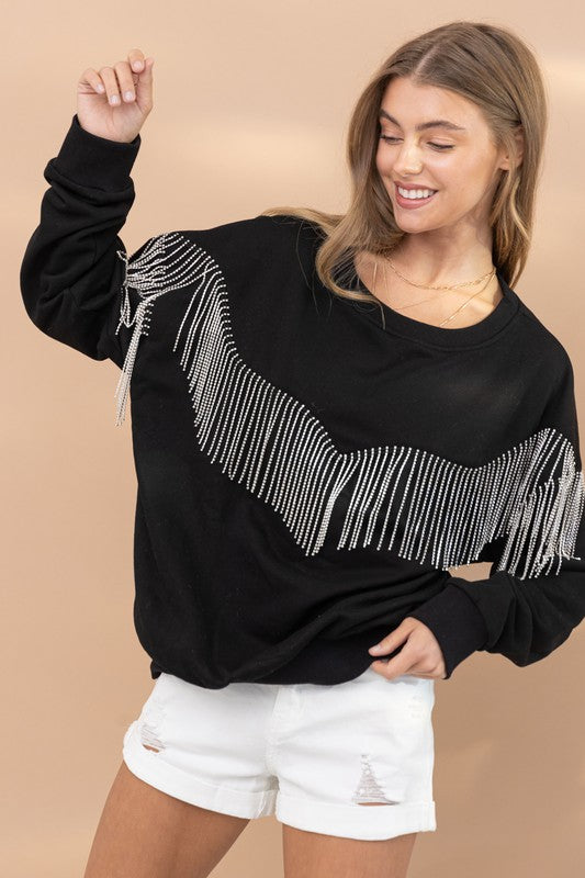 The Kelly Rhinestone Fringe Pullover Top