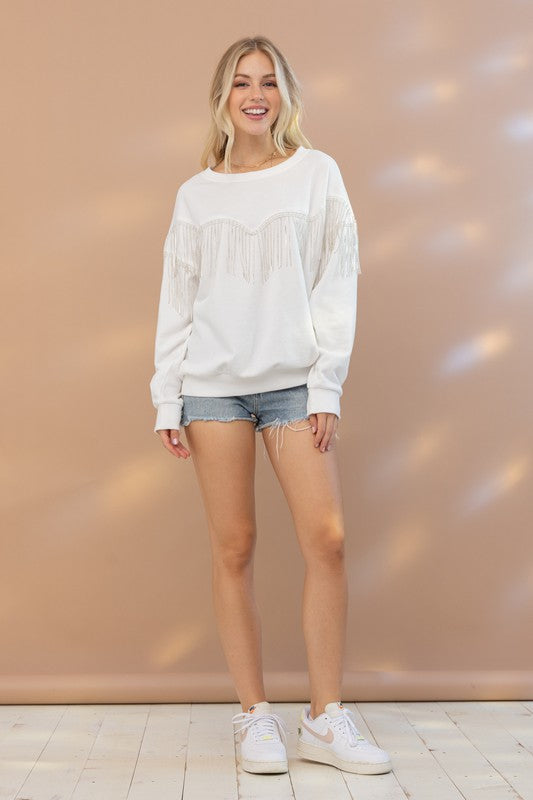 The Kelly Rhinestone Fringe Pullover Top