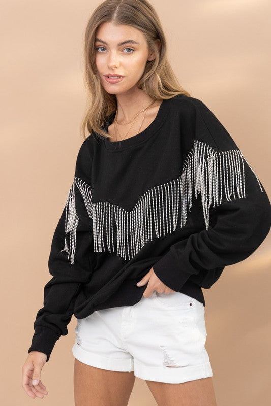 The Kelly Rhinestone Fringe Pullover Top