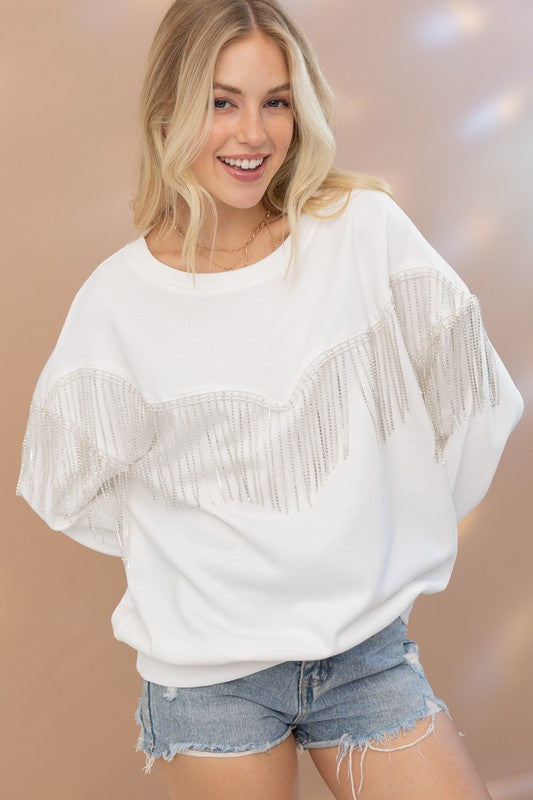 The Kelly Rhinestone Fringe Pullover Top