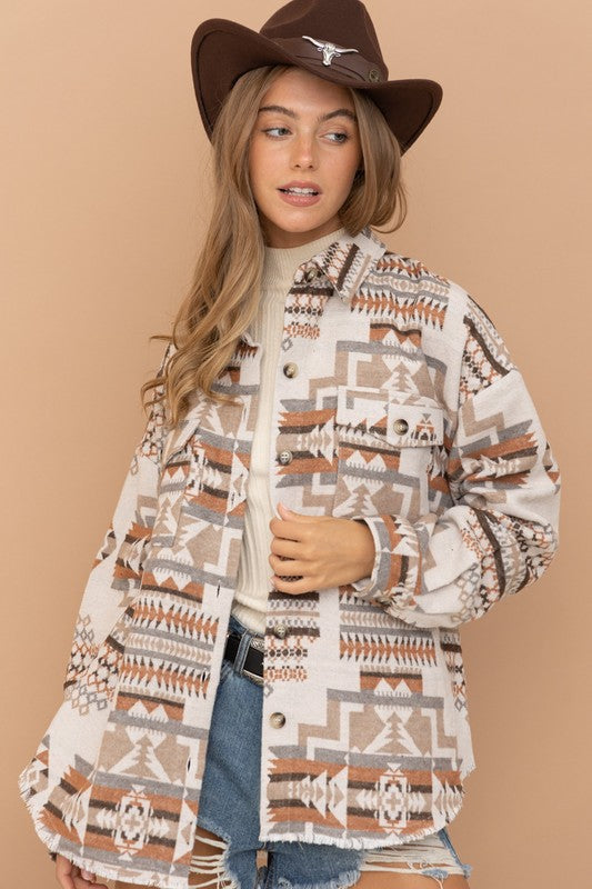 Frayed Hem Aztec Shacket