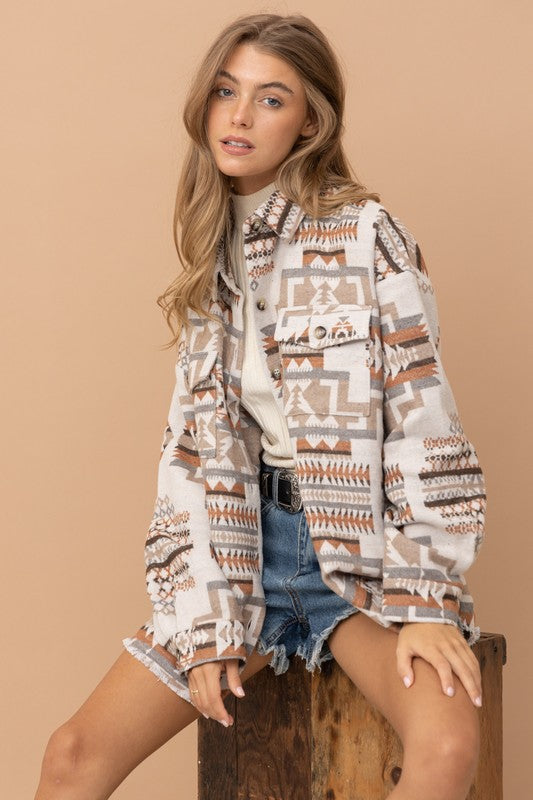 Frayed Hem Aztec Shacket