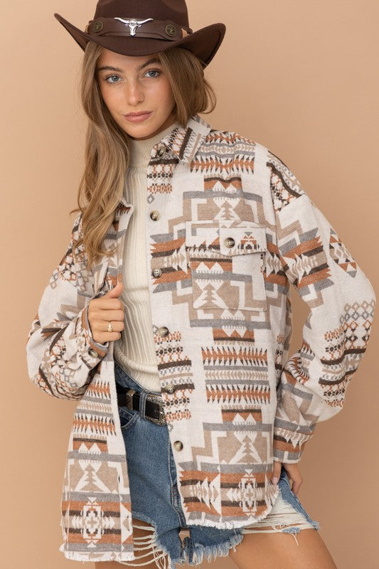 Frayed Hem Aztec Shacket