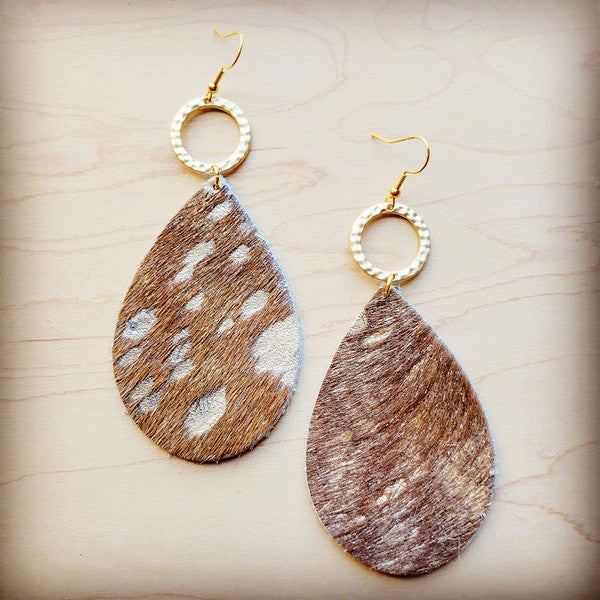 Teardrop Earrings Tan Metallic w/ Gold Hoop