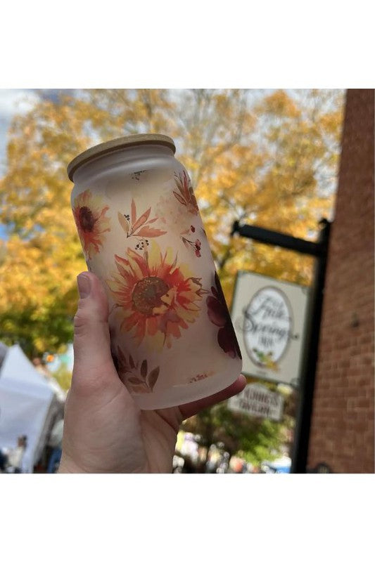 Dark Floral Glass Can Cup