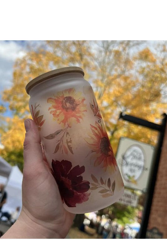 Dark Floral Glass Can Cup