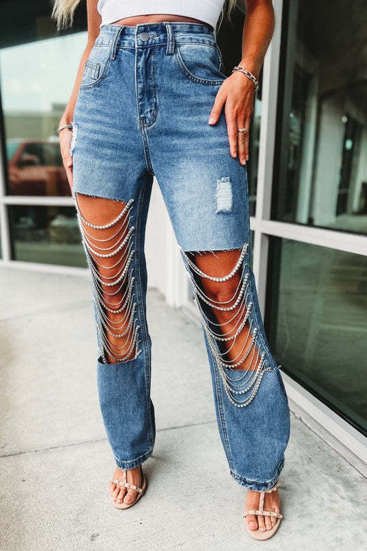 Rhinestone Cutout Boyfriend Jeans