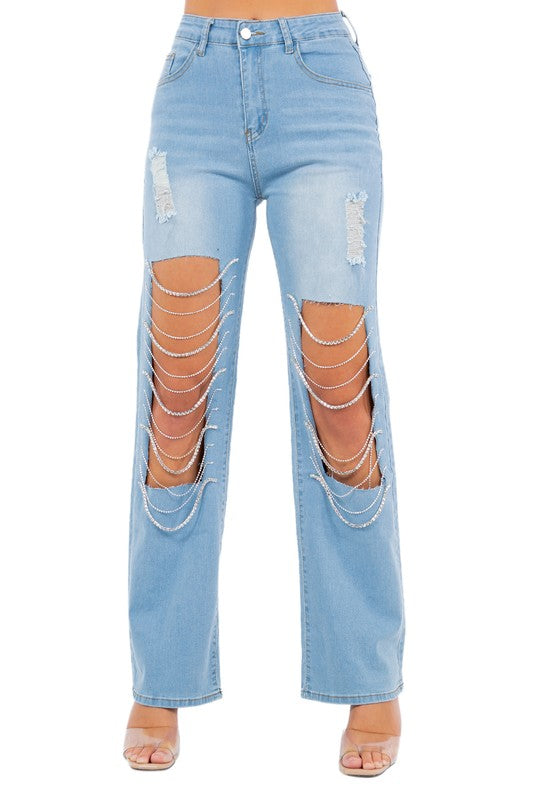 Rhinestone Cutout Boyfriend Jeans