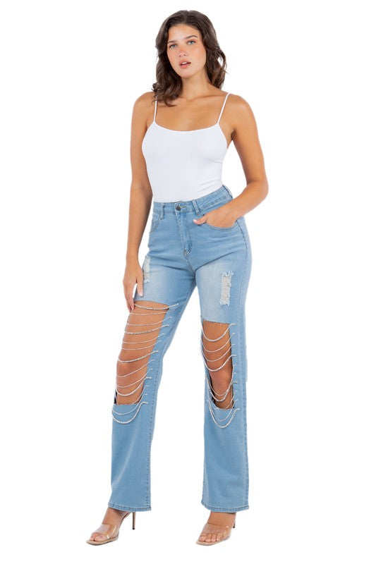 Rhinestone Cutout Boyfriend Jeans