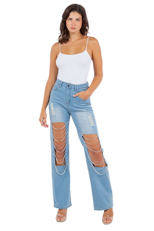 Rhinestone Cutout Boyfriend Jeans