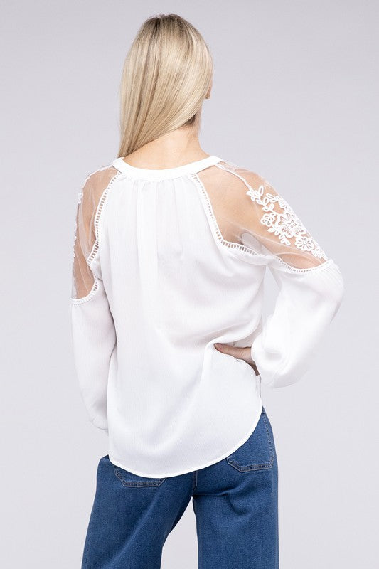 Waverly Lace Shoulder Long Sleeve Blouse