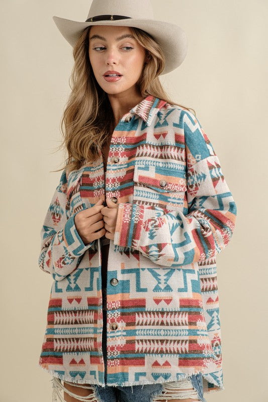 Frayed Hem Aztec Shacket