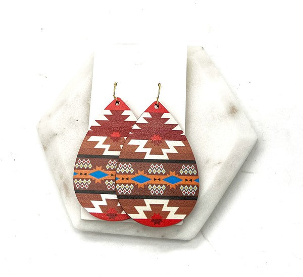 Aztec Southwest Wood Teardrop Earrings