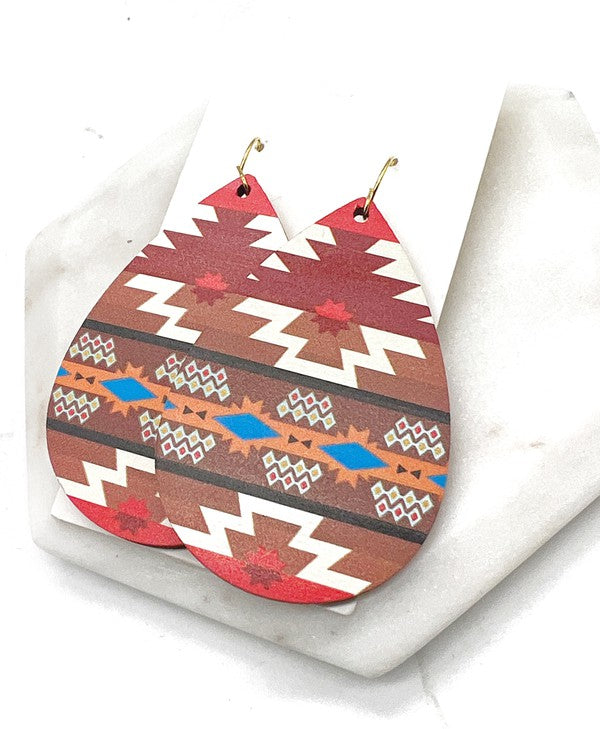 Aztec Southwest Wood Teardrop Earrings