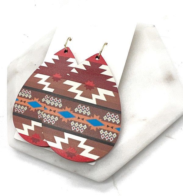 Aztec Southwest Wood Teardrop Earrings