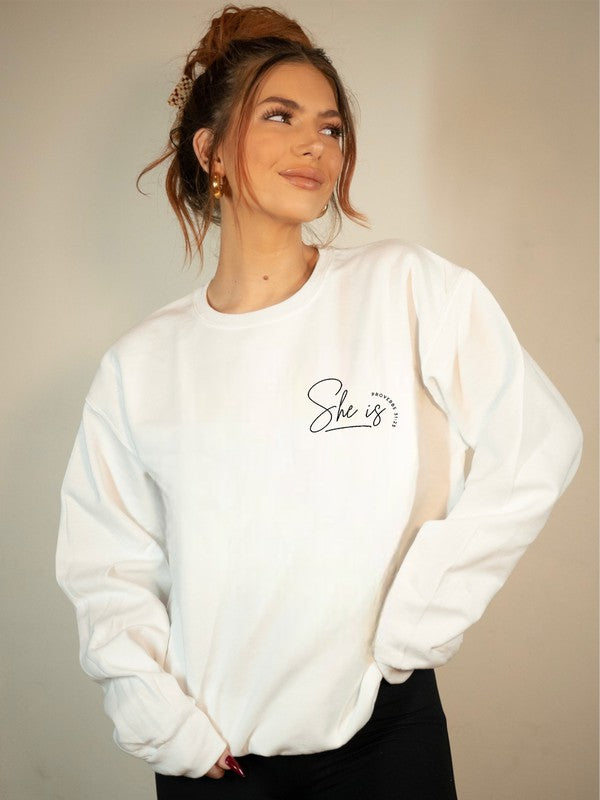 She Is, Proverbs 31:25 Sweatshirt - Plus Size