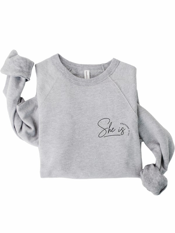 She Is, Proverbs 31:25 Sweatshirt - Plus Size