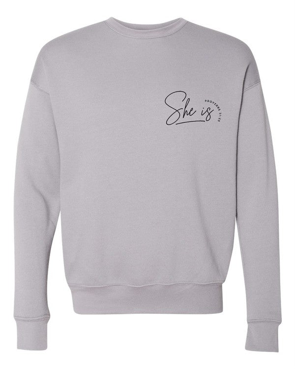 She Is, Proverbs 31:25 Sweatshirt - Plus Size