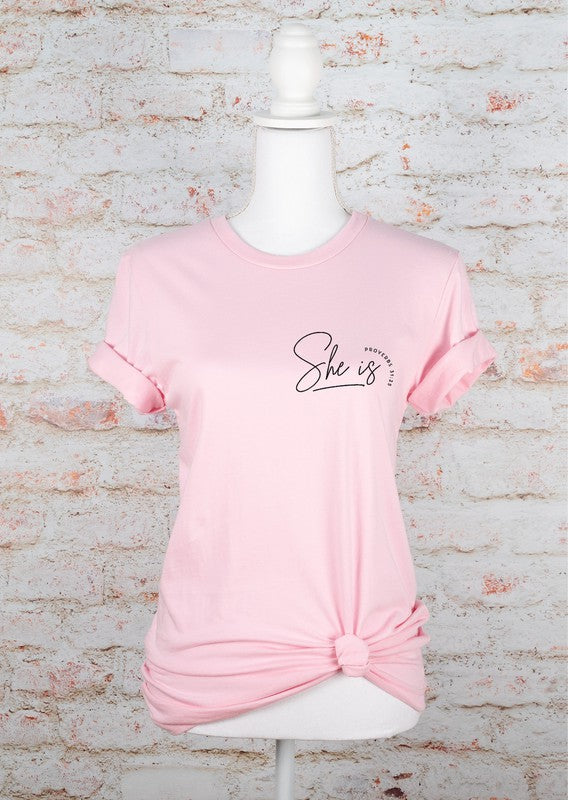 She Is, Proverbs 31:25 Graphic Tee - Plus Size