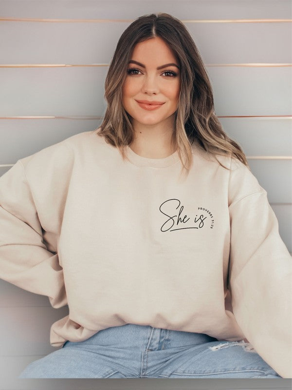 She Is, Proverbs 31:25 Sweatshirt - Plus Size