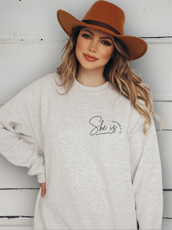 She Is, Proverbs 31:25 Sweatshirt - Plus Size