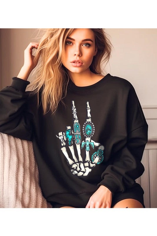 Skeleton Concho Rings Crewneck Sweatshirts