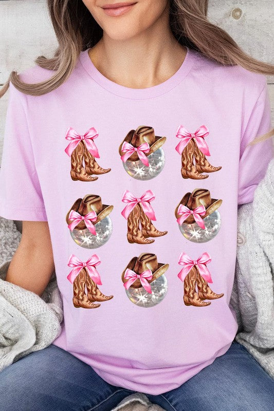 Cowgirl Boots Disco Ball Ribbon Graphic T Shirts