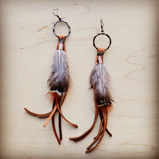 Boho Tan Deerskin Leather Tassel Earring Feather