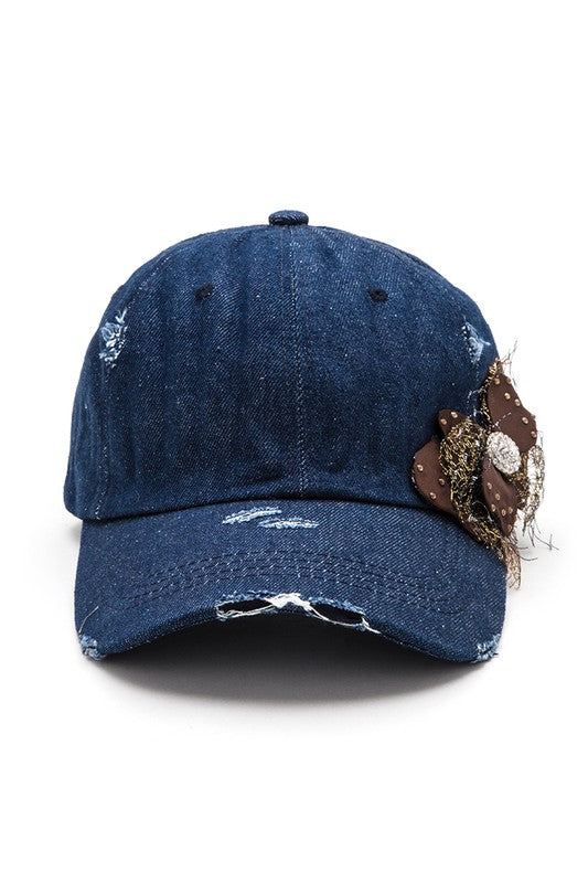 Lace Butterfly Distressed Denim Hat