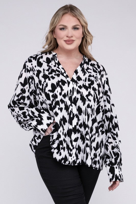 Leopard Notched Neckline Blouse - Plus Size