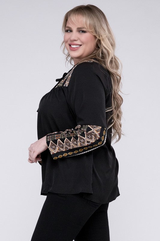 The Vida Tie Neck Patchwork Blouse - Plus Size