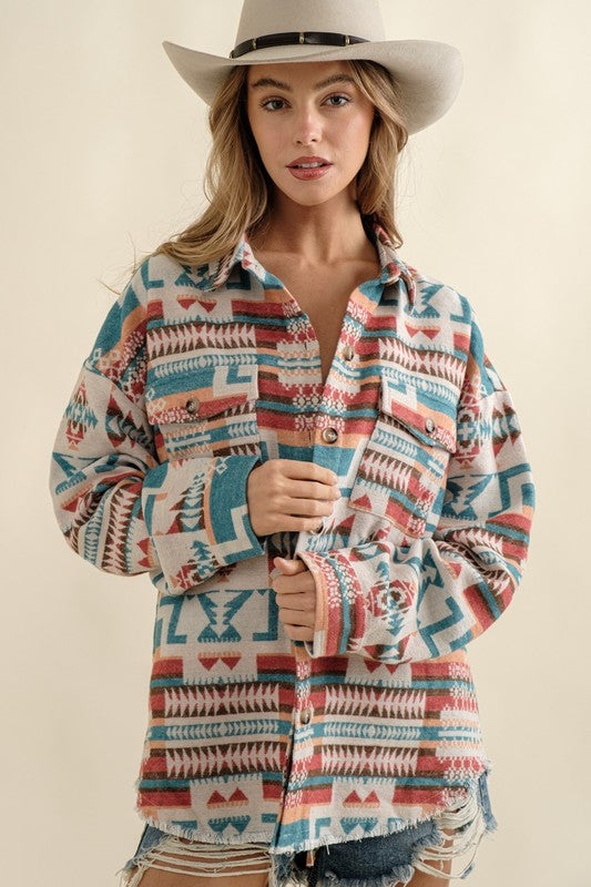 Frayed Hem Aztec Shacket