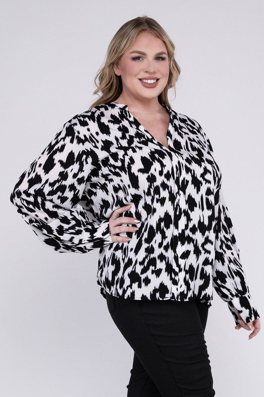 Leopard Notched Neckline Blouse - Plus Size