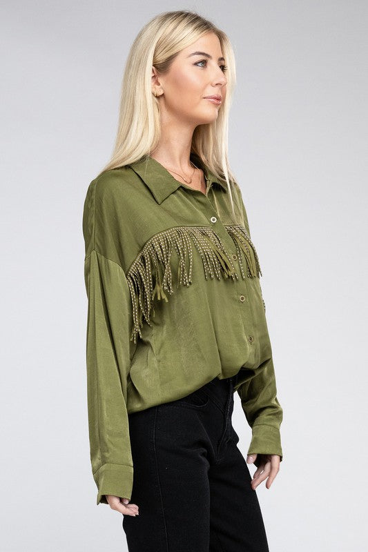 The Vintage Cowgirl Fringe Trim Satin Shirt