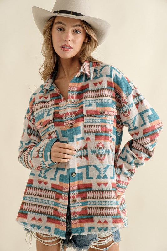 Frayed Hem Aztec Shacket