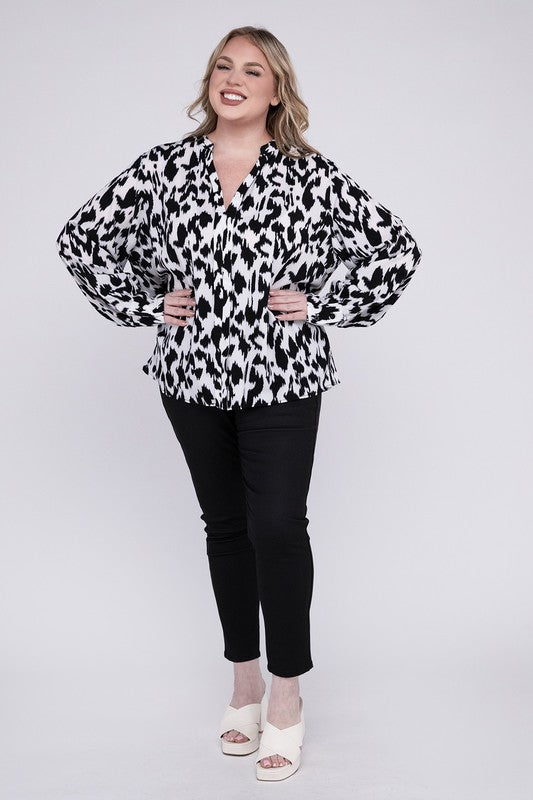 Leopard Notched Neckline Blouse - Plus Size